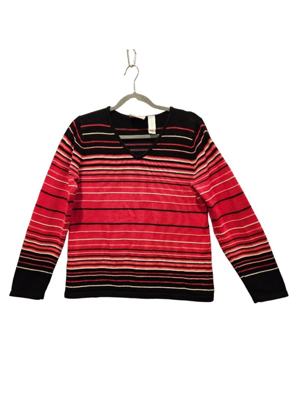 Liz Claiborne Petite Sweater Womens M Red Black Stripes Stretchy Bold Colorful